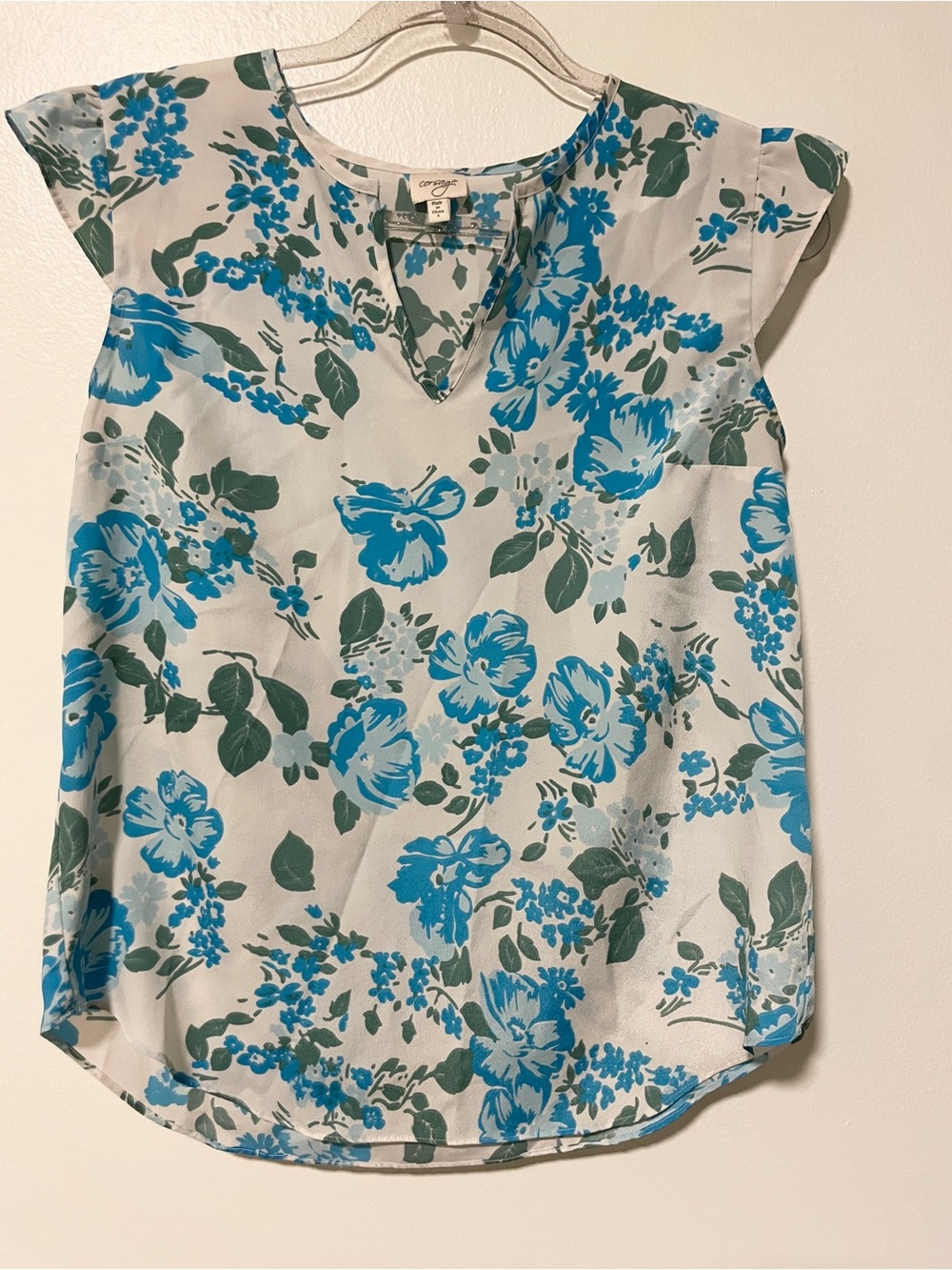 White Floral Cap Sleeve V-Neck Blouse with Blue & Green Print Summer Lightweight